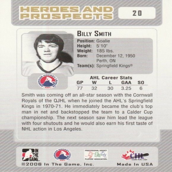 BILLY SMITH - Springfield Kings - 2006 In The Game "AHL Grad" Series Hockey Card - Picture 2 of 2